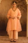 Buy_AFRIYA_Peach Organza, Chanderi Embroidery, Sequins, Zardozi And Dori Kurta Set _at_Aza_Fashions