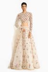 Buy_Gauri & Nainika_Ivory Tulle Embroidery, Sequins Round Neck Lattice Floral Lehenga Set _at_Aza_Fashions
