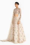 Shop_Gauri & Nainika_Ivory Tulle Embroidery, Sequins Round Neck Lattice Floral Lehenga Set _Online_at_Aza_Fashions