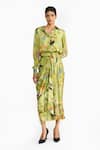 Buy Gauri & Nainika Green Satin Collared, V-neck Chinoiserie Print Shirt And Draped Skirt Set at Aza Fashions Buy_Gauri & Nainika_Green Satin Collared, V-neck Chinoiserie Print Shirt And Draped Skirt Set _at_Aza_Fashions