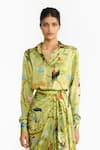 Buy Gauri & Nainika Green Satin Collared, V-neck Chinoiserie Print Shirt And Draped Skirt Set Buy_Gauri & Nainika_Green Satin Collared, V-neck Chinoiserie Print Shirt And Draped Skirt Set