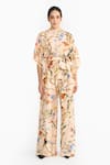 Buy_Gauri & Nainika_Peach Silk Boat Neck Chinoiserie Printed Kaftan Top And Pant Set _at_Aza_Fashions
