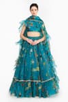 Shop Gauri & Nainika Blue Silk Organza Piping, Ruffles Square Neck Chinoiserie Print Lehenga Set Shop_Gauri & Nainika_Blue Silk Organza Piping, Ruffles Square Neck Chinoiserie Print Lehenga Set