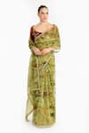 Buy_Gauri & Nainika_Green Organza, Velvet Piping, Embroidery Chinoiserie Print Saree With Blouse _at_Aza_Fashions
