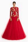 Gauri & Nainika_Red Silk, Tulle Embroidery, Sequins Round Chinoiserie Peplum Top And Lehenga Set _Online_at_Aza_Fashions