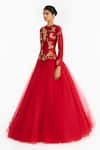 Shop_Gauri & Nainika_Red Silk, Tulle Embroidery, Sequins Round Chinoiserie Peplum Top And Lehenga Set _Online_at_Aza_Fashions