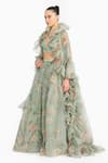 Gauri & Nainika_Green Silk Organza Piping, Ruffles V-neck Chinoiserie Floral Print Lehenga Set _Online_at_Aza_Fashions