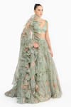 Buy_Gauri & Nainika_Green Silk Organza Piping, Ruffles V-neck Chinoiserie Floral Print Lehenga Set _at_Aza_Fashions