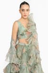 Shop_Gauri & Nainika_Green Silk Organza Piping, Ruffles V-neck Chinoiserie Floral Print Lehenga Set _Online_at_Aza_Fashions