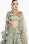 Gauri & Nainika_Green Silk Organza Piping, Ruffles V-neck Chinoiserie Floral Print Lehenga Set _at_Aza_Fashions