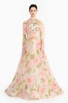 Gauri & Nainika_Pink Silk Organza Embroidery, Sequins, Beads Round Neck Indian Rose Printed Gown _Online_at_Aza_Fashions