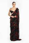 Buy_Gauri & Nainika_Black Chiffon, Crepe Ruffles Sweetheart Neck Rose Pre-draped Saree With Blouse _at_Aza_Fashions