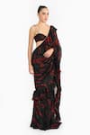 Buy_Gauri & Nainika_Black Chiffon, Crepe Ruffles Sweetheart Neck Rose Pre-draped Saree With Blouse 