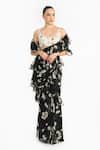Buy_Gauri & Nainika_Black Chiffon, Crepe Embroidery Scoop Neck Rose Pre-draped Saree With Blouse _at_Aza_Fashions