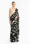 Buy_Gauri & Nainika_Black Chiffon, Crepe Embroidery Scoop Neck Rose Pre-draped Saree With Blouse _Online_at_Aza_Fashions