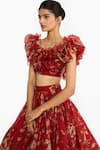 Buy_Gauri & Nainika_Red Silk Organza Ruffles Round Neck Forest Print Blouse With Lehenga _Online_at_Aza_Fashions