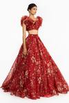 Gauri & Nainika_Red Silk Organza Ruffles Round Neck Forest Print Blouse With Lehenga _at_Aza_Fashions