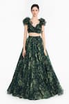 Buy_Gauri & Nainika_Green Silk Organza Sweetheart Neck Forest Print Ruffled Blouse And Lehenga Set _at_Aza_Fashions