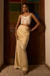 Buy_Saangi_Ivory Viscose, Satin Sequins, Beads, Butterfly Handwork Blouse With Draped Skirt _at_Aza_Fashions
