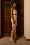 Shop_Saangi_Ivory Viscose, Satin Sequins, Beads, Butterfly Handwork Blouse With Draped Skirt _at_Aza_Fashions