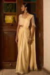 Saangi_Ivory Viscose, Satin Pearls, Sequins, Beads, Pre-draped Saree Skirt With Blouse _Online_at_Aza_Fashions