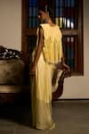 Saangi_Yellow Satin, Modal Sequins Round Lemon Mist Cowl Draped Skirt Cape Co-ord Set _Online_at_Aza_Fashions