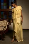 Buy_Saangi_Yellow Satin, Modal Sequins Round Lemon Mist Cowl Draped Skirt Cape Co-ord Set _Online_at_Aza_Fashions
