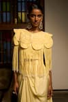 Shop_Saangi_Yellow Satin, Modal Sequins Round Lemon Mist Cowl Draped Skirt Cape Co-ord Set _Online_at_Aza_Fashions