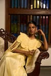 Saangi_Yellow Satin, Modal Sequins Round Lemon Mist Cowl Draped Skirt Cape Co-ord Set _at_Aza_Fashions