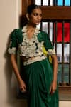 Saangi_Green Viscose, Crepe Embroidery, Beads, Poise Jacket And Draped Cowl Skirt Set _at_Aza_Fashions