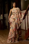 Buy_Saangi_Beige Viscose, Chinon Dior Wilderness Nature Ruffle Pre-draped Saree Set _at_Aza_Fashions