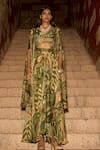 Buy_Saangi_Green Chinon, Silk Beads, Stones Enchanted Canopy Jungle Print Cowl Skirt Set _at_Aza_Fashions
