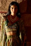 Shop_Saangi_Green Chinon, Silk Beads, Stones Enchanted Canopy Jungle Print Cowl Skirt Set _at_Aza_Fashions