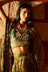 Saangi_Green Chinon, Silk Beads, Stones Enchanted Canopy Jungle Print Cowl Skirt Set _at_Aza_Fashions