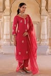 Bannhi By Priyanka Rathore_Pink Silk, Organza Embroidery, Zari Round Hand Motif Kurta Pant And Dupatta Set _Online_at_Aza_Fashions