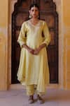 Buy_Bannhi By Priyanka Rathore_Yellow Silk, Chiffon Embroidery, Lace V-neck Hand Kurta Pant And Dupatta Set _at_Aza_Fashions