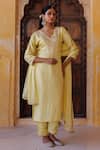 Bannhi By Priyanka Rathore_Yellow Silk, Chiffon Embroidery, Lace V-neck Hand Kurta Pant And Dupatta Set _Online_at_Aza_Fashions