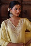 Buy_Bannhi By Priyanka Rathore_Yellow Silk, Chiffon Embroidery, Lace V-neck Hand Kurta Pant And Dupatta Set _Online_at_Aza_Fashions