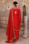 Shop_Bannhi By Priyanka Rathore_Red Silk, Organza Embroidery, Zari Split V-neck Short Kurta With Pant And Dupatta _at_Aza_Fashions