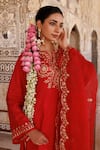 Buy_Bannhi By Priyanka Rathore_Red Silk, Organza Embroidery, Zari Split V-neck Short Kurta With Pant And Dupatta _Online_at_Aza_Fashions