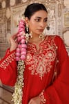 Shop_Bannhi By Priyanka Rathore_Red Silk, Organza Embroidery, Zari Split V-neck Short Kurta With Pant And Dupatta _Online_at_Aza_Fashions