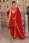 Bannhi By Priyanka Rathore_Red Silk, Organza Embroidery, Zari Split V-neck Short Kurta With Pant And Dupatta _at_Aza_Fashions