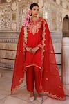 Buy_Bannhi By Priyanka Rathore_Red Silk, Organza Embroidery, Zari Split V-neck Short Kurta With Pant And Dupatta _at_Aza_Fashions