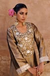 Buy_Bannhi By Priyanka Rathore_Brown Tissue Embroidery, Mirrors Round Neck Mettalic Hand Kaftan _Online_at_Aza_Fashions