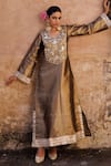 Bannhi By Priyanka Rathore_Brown Tissue Embroidery, Mirrors Round Neck Mettalic Hand Kaftan _at_Aza_Fashions