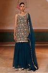 Buy_Bannhi By Priyanka Rathore_Green Crepe, Georgette Embroidery, Lace Scoop Neck Kurta And Sharara Set _Online_at_Aza_Fashions