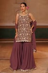 Buy_Bannhi By Priyanka Rathore_Purple Crepe, Georgette Embroidery, Lace Round Neck Kurta And Sharara Set _at_Aza_Fashions
