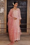 Bannhi By Priyanka Rathore_Pink Georgette, Organza Embroidery, Metallic Aari Kurta Palazzo And Dupatta Set _at_Aza_Fashions