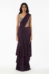Buy_Basanti - Kapde Aur Koffee_Purple Lycra Stones, Pearls, Beads V-neck Pleated Saree With Embroidered Blouse _at_Aza_Fashions