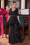 Buy_Seema Thukral_Black Organza, Satin, Silk Beads, Alana Embellished Peplum Top With Flared Pant _at_Aza_Fashions